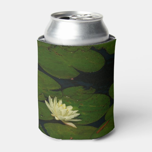 White Waterlily I Peaceful Floral Photography Can Cooler (Can Front)
