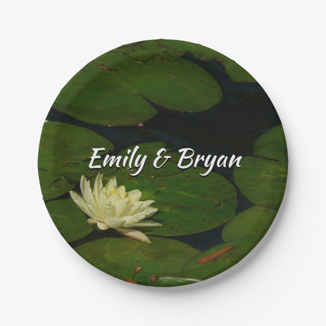 White Waterlily I Peaceful Floral Photography Paper Plate (Front)
