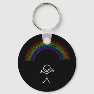 White waving stick man under a rainbow keychain