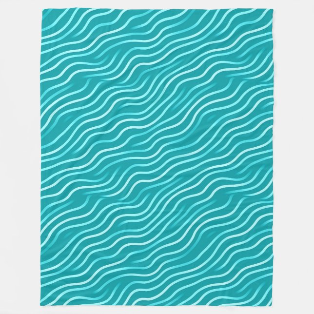 White Wavy Lines on a blue/green background Fleece Blanket (Front)