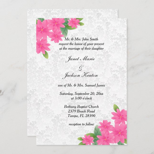 White Wedding and Pink Floral Invitation (Front/Back)