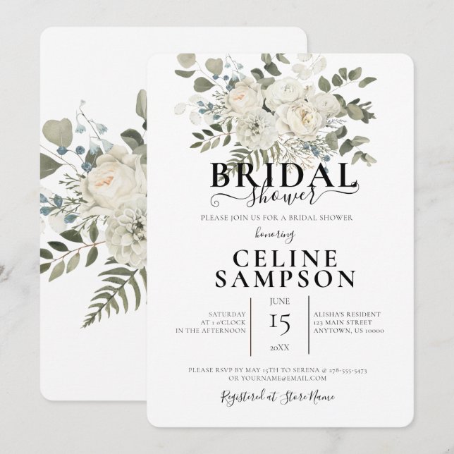  White Wedding Bouquet Illustration Bridal Shower  Invitation (Front/Back)