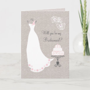 White Wedding dress and cake Bridesmaid Request Invitation