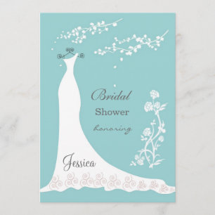 White wedding dress on aquamarine Bridal Shower Invitation