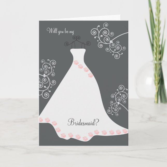 White Wedding dress on black Bridesmaid Request Invitation (Front)
