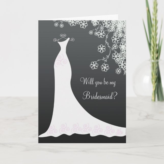 White Wedding dress on black Bridesmaid Request Invitation (Front)