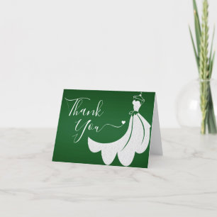 White Wedding Dress on Green Bridal Shower Thank You Card