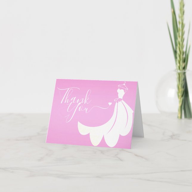 White Wedding Dress on Pink Bridal Shower Thank You Card (Front)