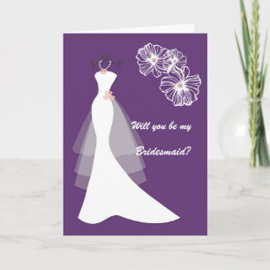 White Wedding dress on purple Bridesmaid Request Invitation