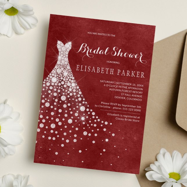 White Wedding Dress Red Burgundy Bridal Shower Invitation (Creator Uploaded)