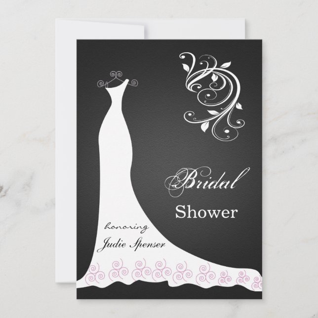 White wedding dress swirl on black  Bridal Shower Invitation (Front)