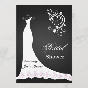 White wedding dress swirl on black Bridal Shower Invitation