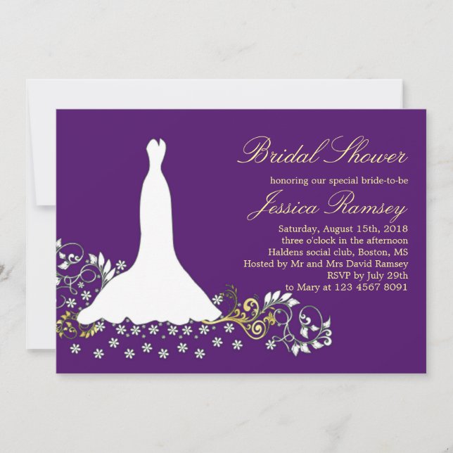 White wedding dress, swirl on purpe Bridal Shower Invitation (Front)