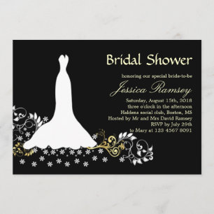White wedding dress, swirls on black Bridal Shower Invitation