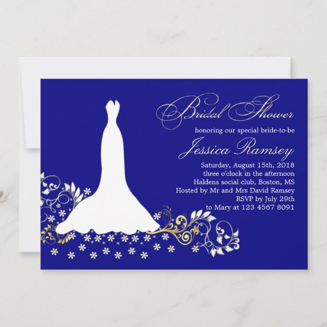 White wedding dress, swirls on blue Bridal Shower Invitation (Front)
