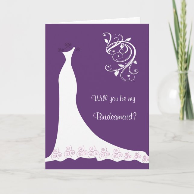 White Wedding dress, swirls on purple Bridesmaid Invitation (Front)