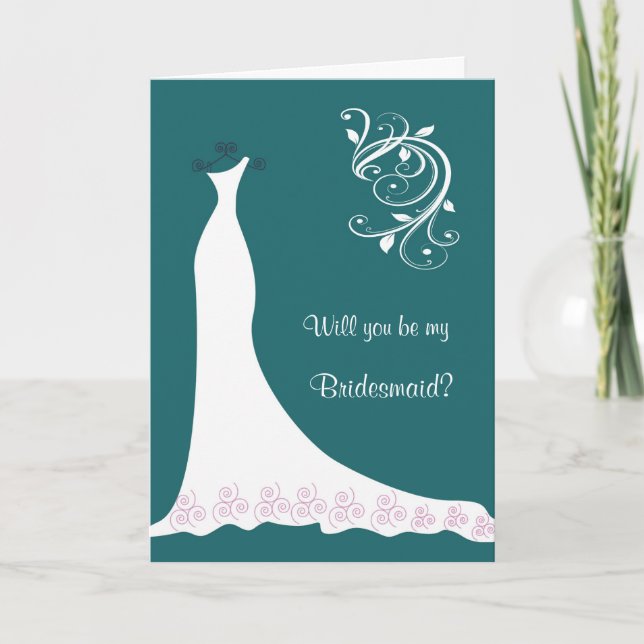 White Wedding dress, swirls on teal Bridesmaid Invitation (Front)