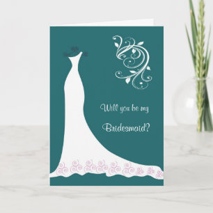 White Wedding dress, swirls on teal Bridesmaid Invitation