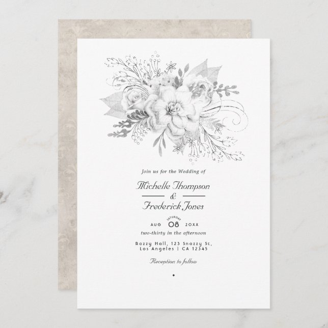 White Wedding Floral QR Code RSVP Invitation (Front/Back)