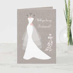 White Wedding gown on brown Bridesmaid Request Invitation