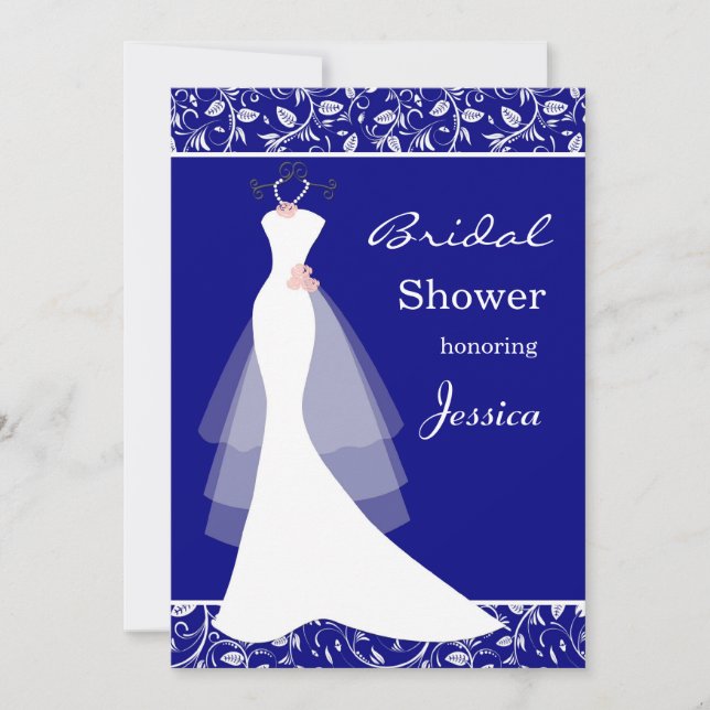 White wedding gown on royal blue  Bridal Shower Invitation (Front)