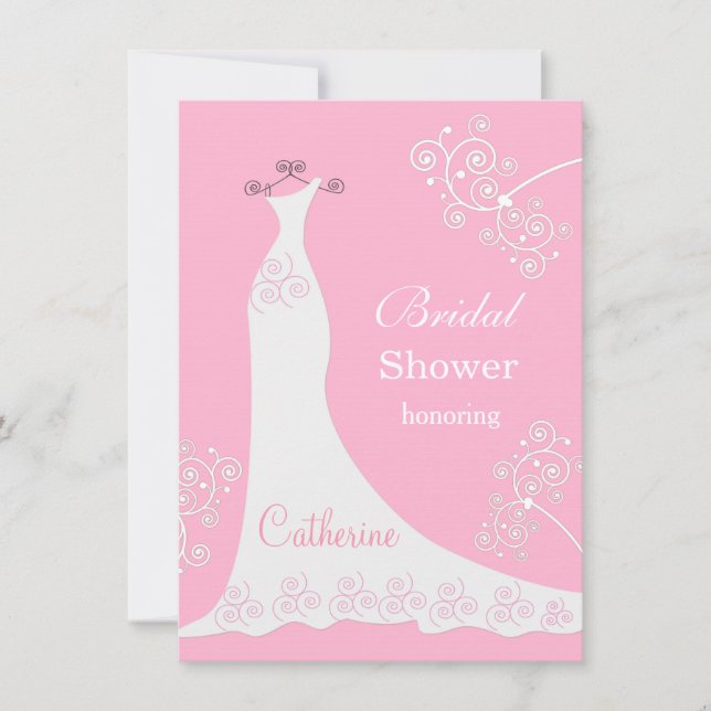 White wedding gown, swirls on pink Bridal Shower Invitation (Front)