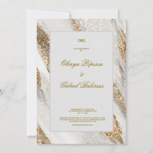 White Wedding Invitation with Gold Brush Strokes