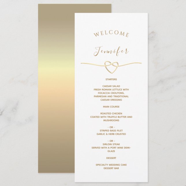 White Wedding Menu with Name & Gold Heart (Front/Back)