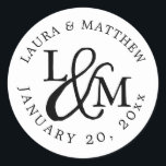 White Wedding Monogram Classic Round Sticker<br><div class="desc">wedding  feature your initials worked into a monogram design,  joined by a decorative script ampersand. Your names and wedding date appear in white lettering,  curved around the outside.</div>