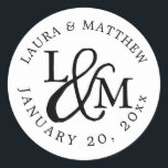White Wedding Monogram Classic Round Sticker<br><div class="desc">wedding  feature your initials worked into a monogram design,  joined by a decorative script ampersand. Your names and wedding date appear in white lettering,  curved around the outside.</div>