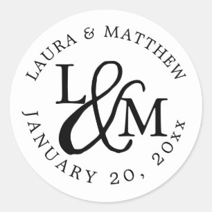 White Wedding Monogram Classic Round Sticker