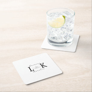 White Wedding Monogram Simple Elegant Minimalist Square Paper Coaster