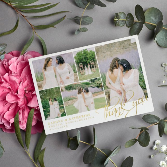 White Wedding Photo Collage Gold Script Thank You (Creator Uploaded)