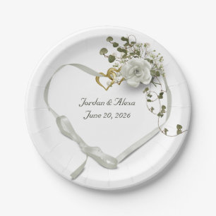 white wedding ribbon heart with rose paper plate