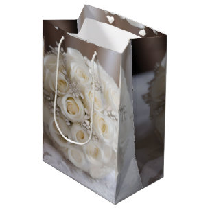White Wedding Rose Topiary Ball With Sparkle, Medium Gift Bag