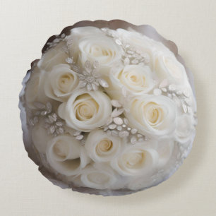 White Wedding Rose Topiary Ball With Sparkle, Round Cushion
