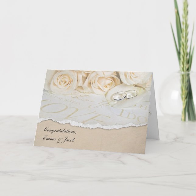 white wedding roses with newlywed names card (Front)