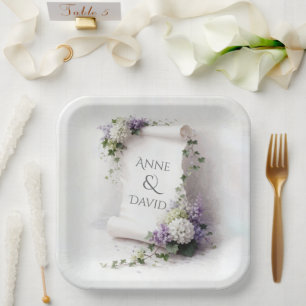 White Wedding Scroll with Floral Border  Paper Plate