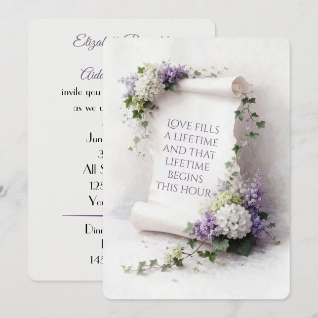 White Wedding Scroll with Lilacs and Hydrangeas Invitation (Front/Back)