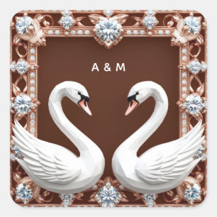 White Wedding Swans Diamond Heart Ornate Romantic  Square Sticker