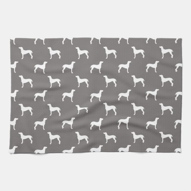 White Weimaraner Silhouettes On Grey Tea Towel (Horizontal)