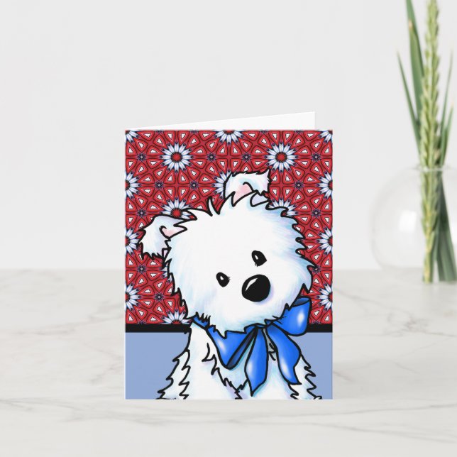 White Westie On Red and Blue Note Card (Front)