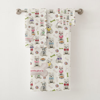 White Westies with Accessories Personalised Bath Towel Set