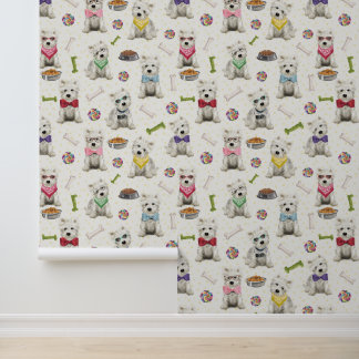 White Westies with Accessories Whimsical Wallpaper