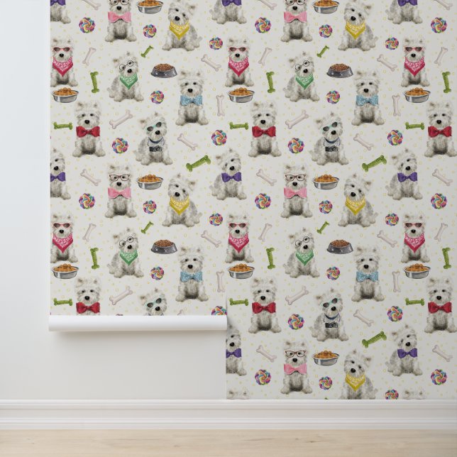 White Westies with Accessories Whimsical Wallpaper (Application)