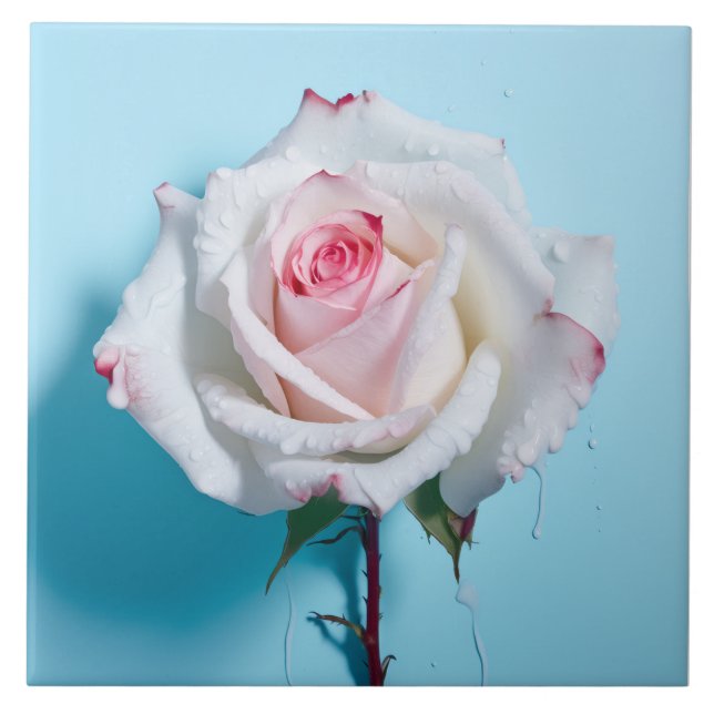 White wet rose on turquoise blue background tile (Front)