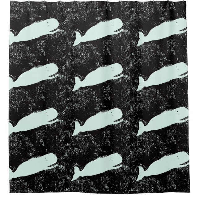 white whales on black pattern shower curtain (Front)