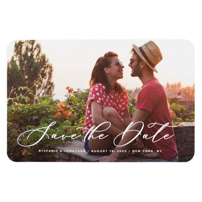White Whimsical Calligraphy Photo Save the Date Magnet (Horizontal)