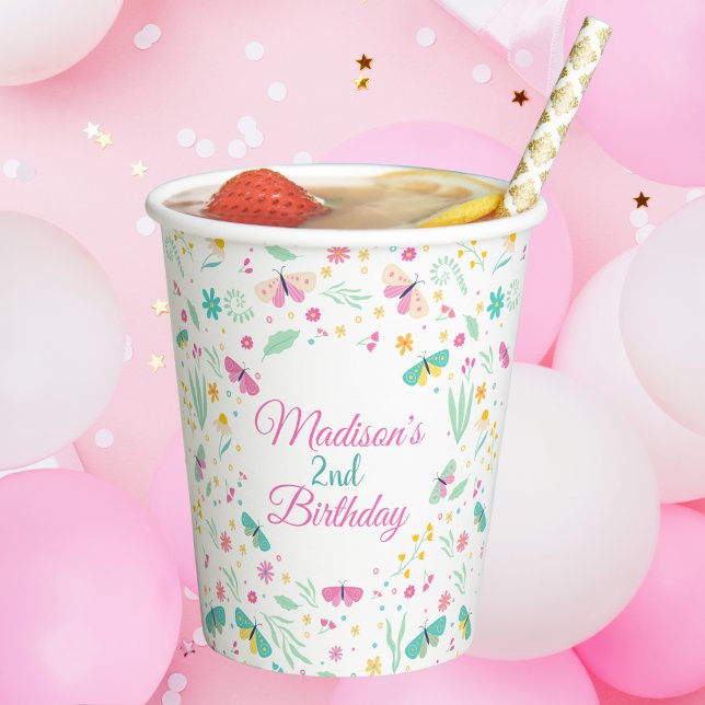 White Whimsical Garden Butterfly Girls Birthday Paper Cups (Creator Uploaded)