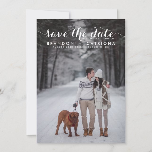 White Whimsical Script Photo Save The Date (Front)